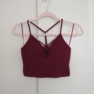 Urban Planet Burgundy Lace Up V-Neck Crop Top in S